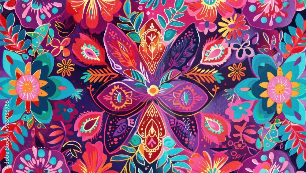 A vibrant pattern featuring intricate lace motifs, ornate floral designs, and bold geometric shapes in shades of magenta, fuchsia, purple, teal, and red hues Generative AI A vibrant pattern featuring intricate lace motifs, ornate floral designs, and bold geometric shapes in shades of magenta, fuchsia, purple, teal, and red hues Generative AI