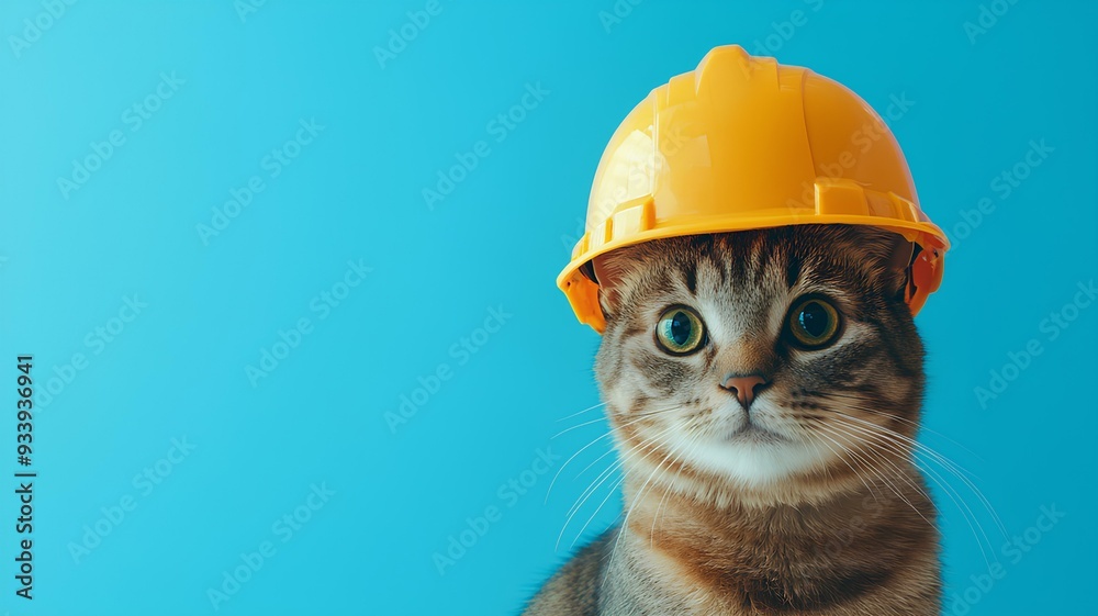 cat wearing safety helmet on blue background with copy space cat wearing safety helmet on blue background with copy space