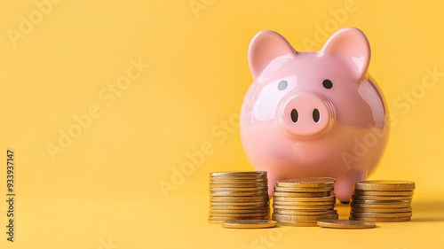 piggy bank with coins on yellow background with copy space