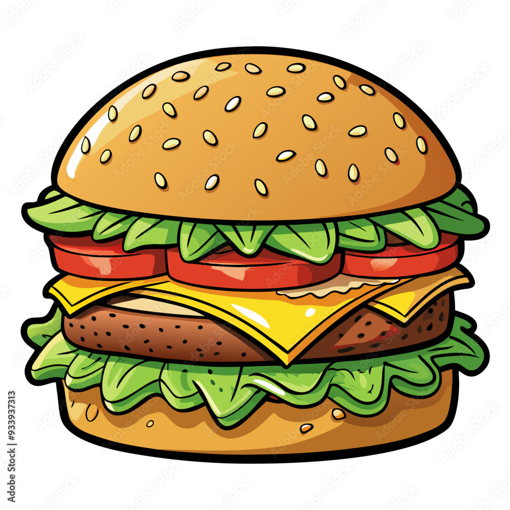a cartoon-style illustration of a hamburger. It features a sesame seed bun on top, with layers of lettuce, tomato slices, cheese, a beef patty, and more lettuce at the bottom, all stacked neatly a cartoon-style illustration of a hamburger. It features a sesame seed bun on top, with layers of lettuce, tomato slices, cheese, a beef patty, and more lettuce at the bottom, all stacked neatly