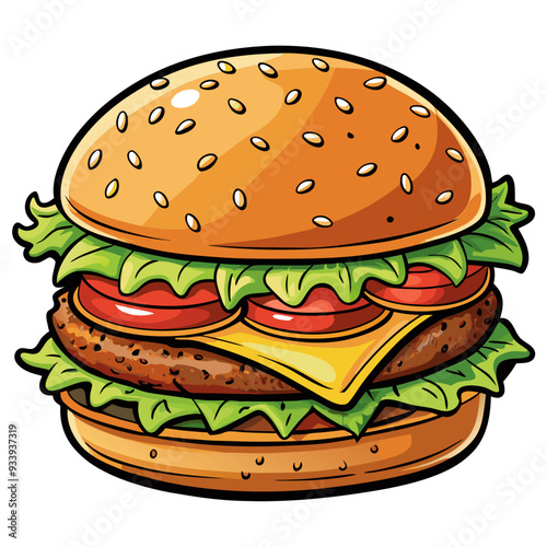 a cartoon-style illustration of a hamburger. It features a sesame seed bun on top, with layers of lettuce, tomato slices, a beef patty, and a slice of cheese. The bottom bun completes the burger