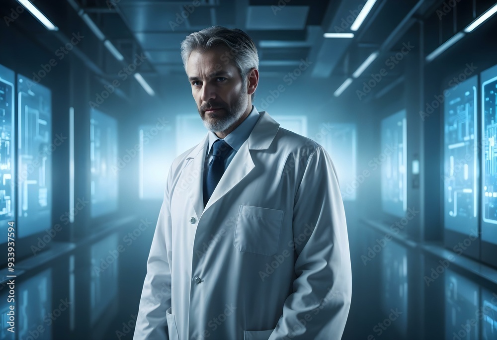 Fototapeta premium Male Doctor with short gray hair, dressed in a white lab coat, standing in a sleek, high-tech laboratory.