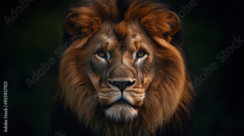 Portrait of a majestic lion with a dark, oil-painted background. The lion's piercing eyes and powerful expression dominate the composition