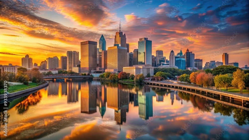 Fototapeta premium Vibrant sunrise illuminates the Philadelphia cityscape, casting a warm glow on towering skyscrapers and historic landmarks, reflected in the calm Schuylkill River waters.