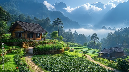 A picturesque mountain valley with a small wooden house in the foreground.