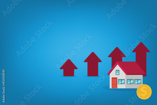 Arrows rise up above the house. The concept of growth in demand for real estate. Increase in the value of property, vector illustration	