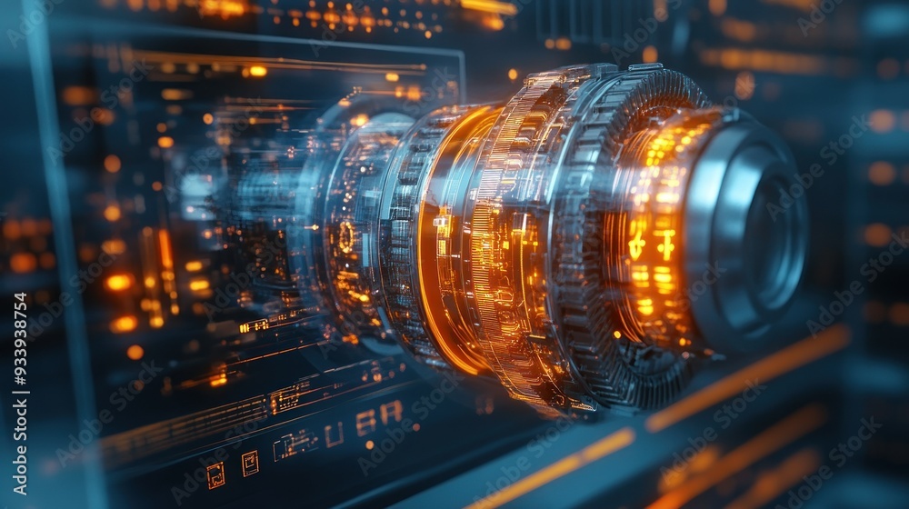 Futuristic metallic gear with glowing orange lines against a dark blue background. Futuristic metallic gear with glowing orange lines against a dark blue background.