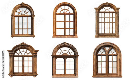 Vintage arched windows in different styles isolated on transparent background