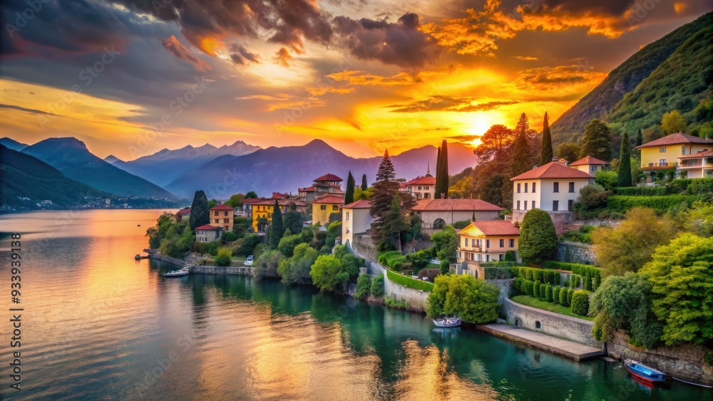 Naklejka premium Vibrant sunset casts a warm glow over Lake Como's serene waters, surrounded by lush greenery and picturesque villas in Tremezzo, Italy.