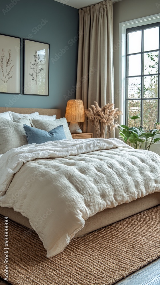 Obraz premium A serene bedroom where a neatly made bed with fluffy pillows and a soft duvet takes center stage. The room is bathed in natural light from a nearby window, creating a warm and inviting atmosphere.