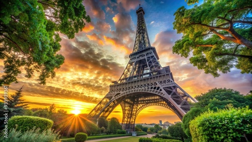 Vibrant sunset casts a warm glow over the historic Eiffel Tower, surrounded by lush greenery and majestic iron latticework in Paris, France. photo