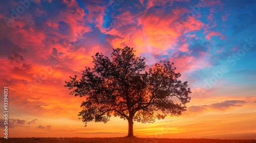 A Solitary Tree Silhouetted Against a Vivid Sky 