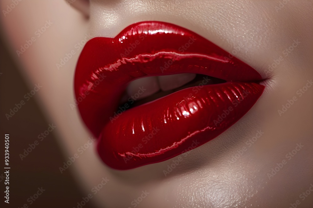 Obraz premium Close up beautiful Female Lips with Red Gloss Lipstick, macro photography.