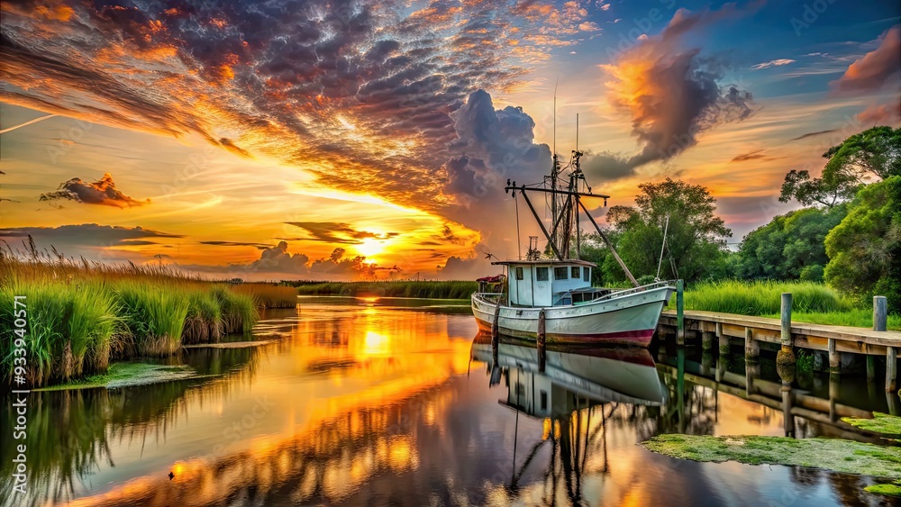 Vibrant sunset silhouettes a rustic shrimp boat docked in a tranquil Louisiana bayou, surrounded by lush greenery and a maze of weathered wooden pilings. Vibrant sunset silhouettes a rustic shrimp boat docked in a tranquil Louisiana bayou, surrounded by lush greenery and a maze of weathered wooden pilings.