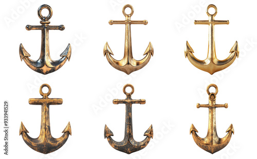 Set of vintage anchors isolated on transparent background