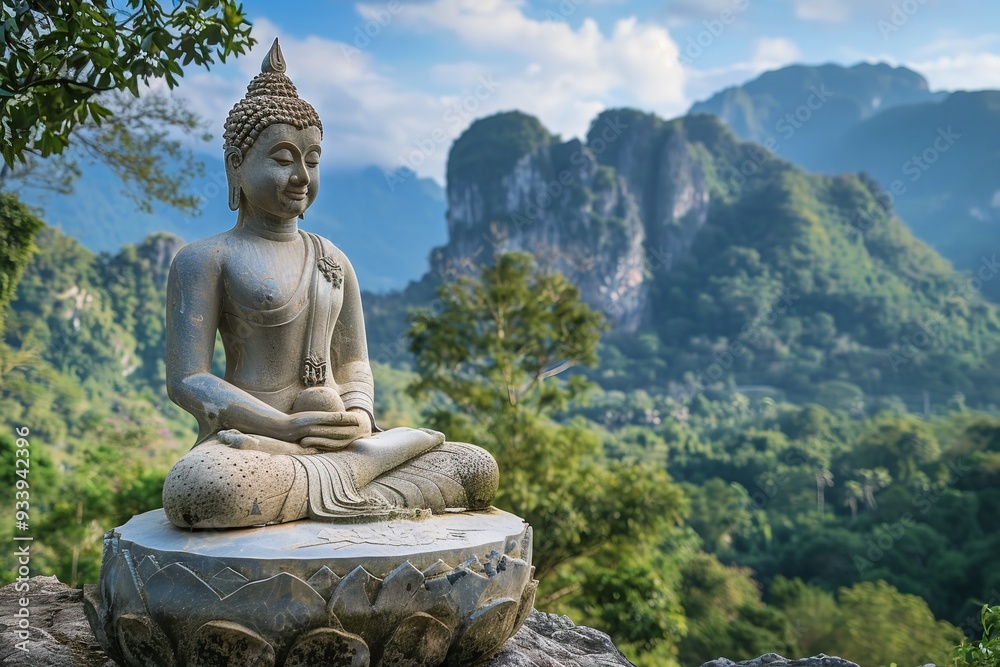 A statue of a Buddha meditating against a backdrop of verdant forests and majestic mountains, Generative AI. A statue of a Buddha meditating against a backdrop of verdant forests and majestic mountains, Generative AI.