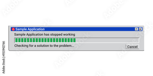 Application has stopped working. Old warning window. Retro loading window. Crash os program.