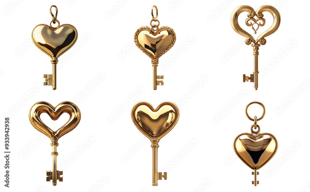 Heart-shaped keys with golden texture isolated on transparent background Heart-shaped keys with golden texture isolated on transparent background