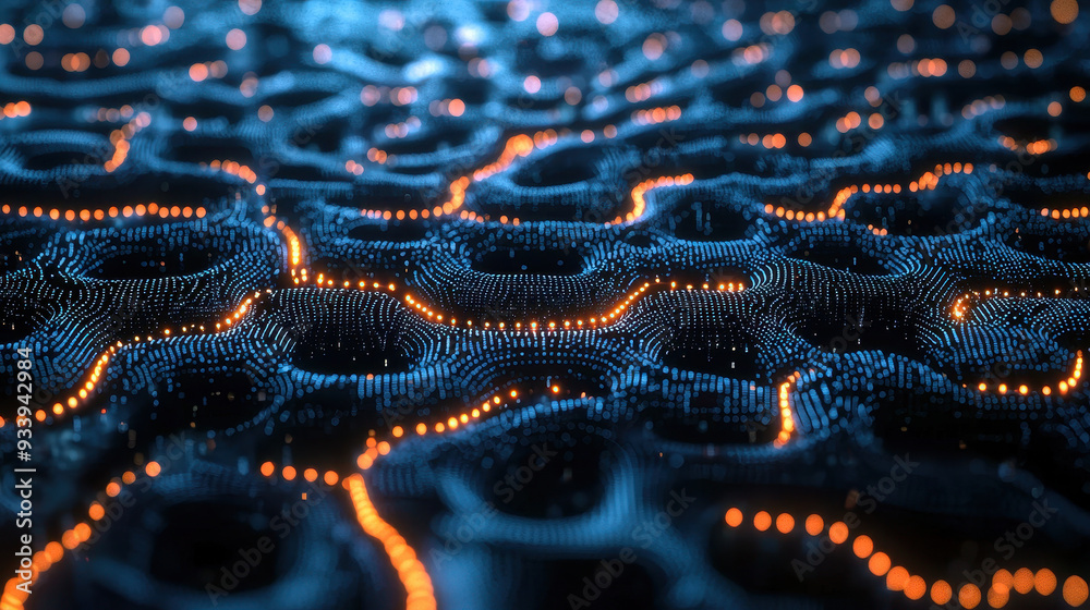 Digital landscape with glowing blue and orange patterns, evoking sense of depth and technology. Digital landscape with glowing blue and orange patterns, evoking sense of depth and technology.