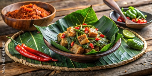 Vibrant traditional Indonesian dish featuring stir-fried Melinjo leaves with tempeh, accompanied by cotton salted fish and spicy sambal terasi, arranged on a rustic wooden table. photo