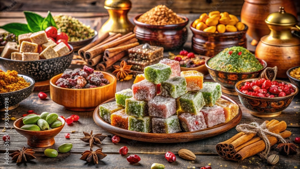 Vibrant traditional Turkish delight pastries are arranged on a rustic wooden kitchen counter, surrounded by copper utensils and colorful spices, evoking Middle Eastern charm. Vibrant traditional Turkish delight pastries are arranged on a rustic wooden kitchen counter, surrounded by copper utensils and colorful spices, evoking Middle Eastern charm.