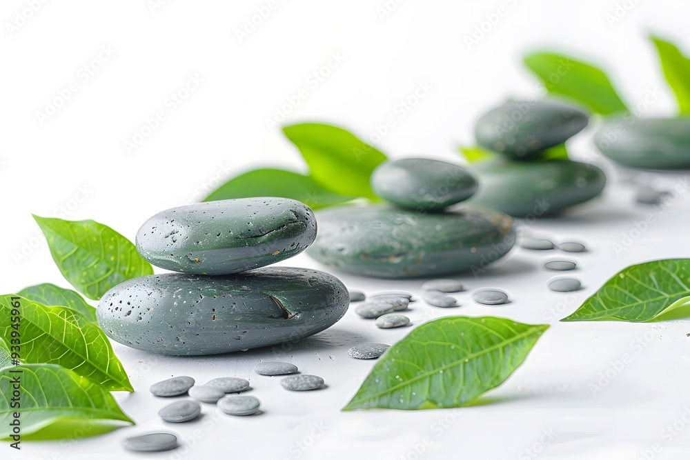 Tranquil Arrangement of Smooth Stones and Green Leaves for Relaxation Tranquil Arrangement of Smooth Stones and Green Leaves for Relaxation