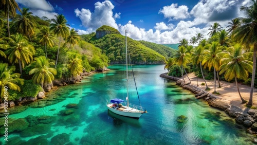 Vibrant turquoise waters lap against the hull of a sleek sailboat, anchored in a secluded Caribbean bay, surrounded by lush green palm trees and coral reefs. photo