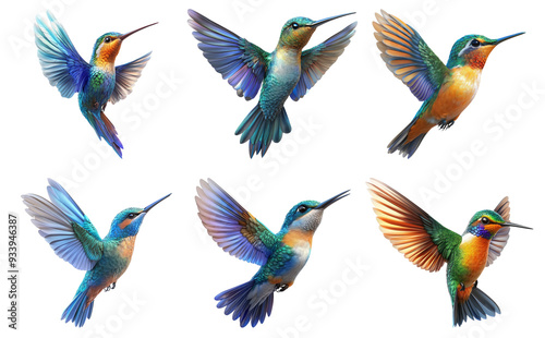 Hummingbirds in various flying poses isolated on transparent background