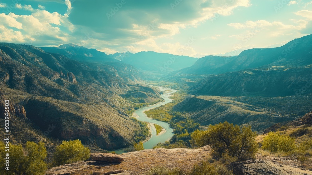 Obraz premium Majestic Mountain Range with Serene River Flow