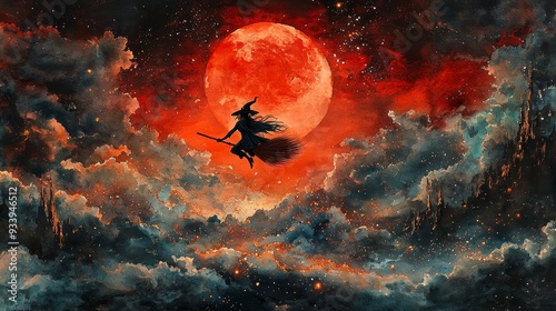 A witch flying on her broomstick across a blood-red moonlit sky, trailing magical sparkles in her wake. Generative AI.