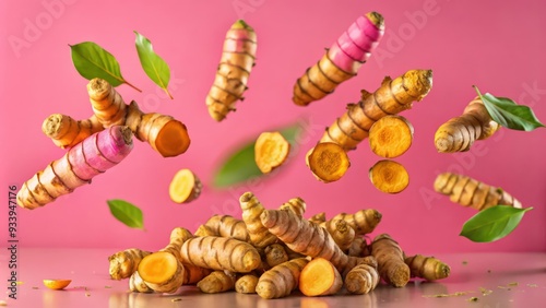 Fresh Turmeric Roots, Slices, and Leaves on Pink Background photo