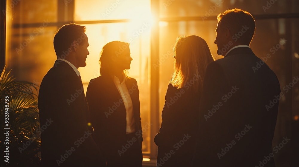 Silhouetted Business Executives Discussing in Dramatic Backlit Setting with Space for Text or Logos Silhouetted Business Executives Discussing in Dramatic Backlit Setting with Space for Text or Logos