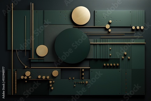 Abstract geometric background with green and gold tones.
