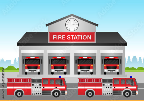 Fire Station with Fire Truck. Fire Department Building. Vector Illustration.  