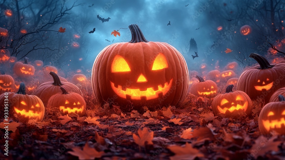 Mysterious enchanted pumpkin patch surrounded by dark woods Mysterious enchanted pumpkin patch surrounded by dark woods