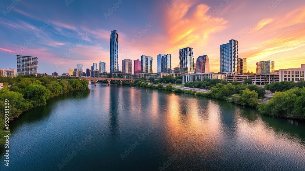 Fototapeta premium Contemporary Cityview at Twilight with River and Buildings
