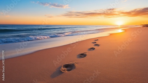 Sunset on the Beach with Tranquil Footprints and Ocean View