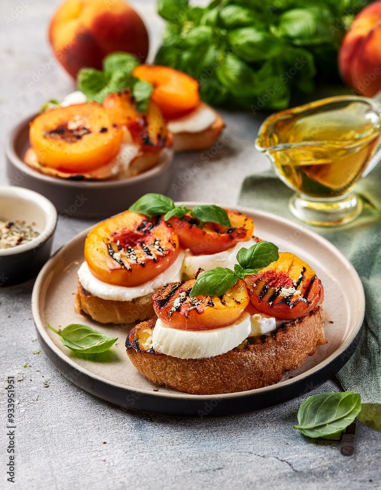 Toast with Grilled peach Caprese salad with mozzarella. Delicious balanced food concept. Toast with Grilled peach Caprese salad with mozzarella. Delicious balanced food concept.