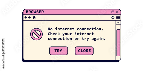 No internet connection window in retro style. Browser warning message in pink color.
