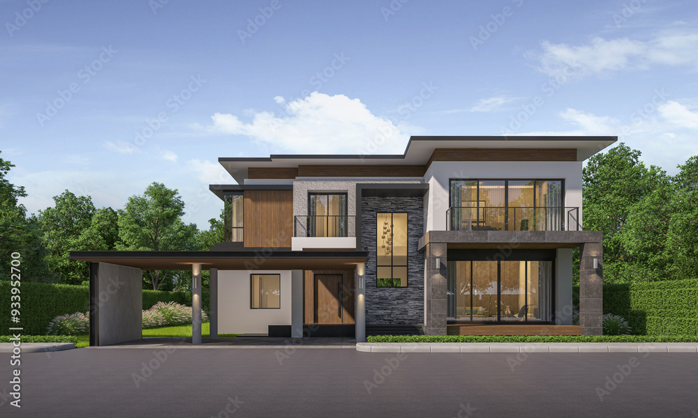 Fototapeta premium Modern house exterior day light with lawn grass.3d rendering