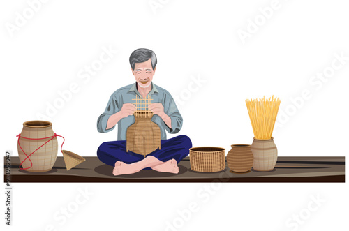 old country man is sitting and weaving a container with bamboo.isolated on white background vector design