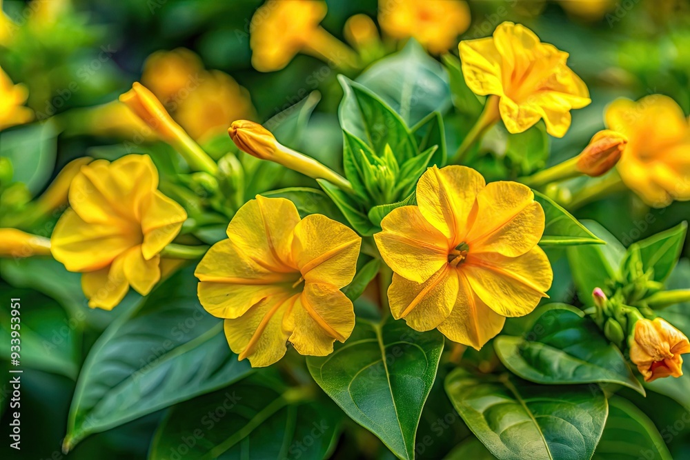 Vibrant yellow Mirabilis jalapa flowers, also known as Four O'Clock flowers, bloom brightly amidst soft, blurred green leaves, capturing the essence of a sunny afternoon. Vibrant yellow Mirabilis jalapa flowers, also known as Four O'Clock flowers, bloom brightly amidst soft, blurred green leaves, capturing the essence of a sunny afternoon.