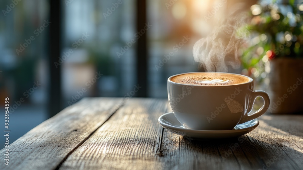 Steaming Coffee Cup on Rustic Wooden Table Steaming Coffee Cup on Rustic Wooden Table