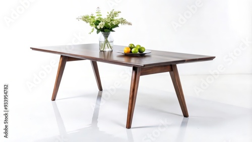 Mid-Century Modern Walnut Wood Table with Flower Arrangement and Fruit photo