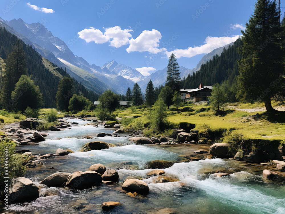 Obraz premium Attractive mountain landscape with a small river and high mountains in the background