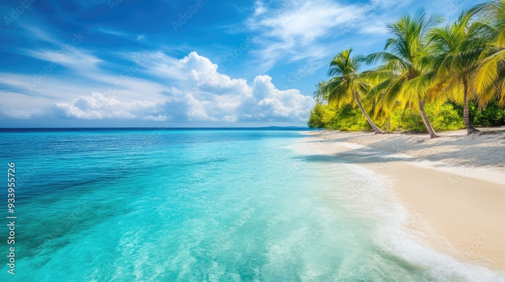Pristine Tropical Shoreline with Palm Trees and Aqua Water Pristine Tropical Shoreline with Palm Trees and Aqua Water