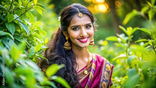 Vibrant young woman with dark hair and warm smile, adorned in traditional East Indian attire, enjoys a serene outdoor moment surrounded by lush greenery. photo