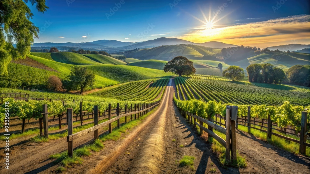 Obraz premium Vineyard rows stretch towards the horizon under a sunny blue sky, surrounded by lush green hills and a rustic wooden fence in Sonoma County.