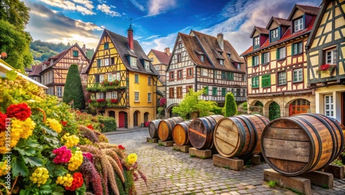 Vineyards surround the colorful half-timbered buildings of Colmar, France, as wine barrels and grapes adorn the streets, evoking a sense of rustic charm and vintage elegance. photo