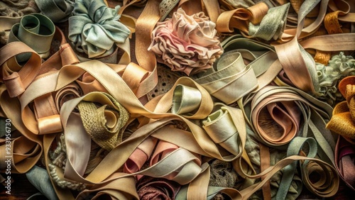 Vintage assortment of faded, curled, and torn ribbons in muted colors, tangled together, evoking a sense of nostalgia and forgotten memories from a bygone era. photo